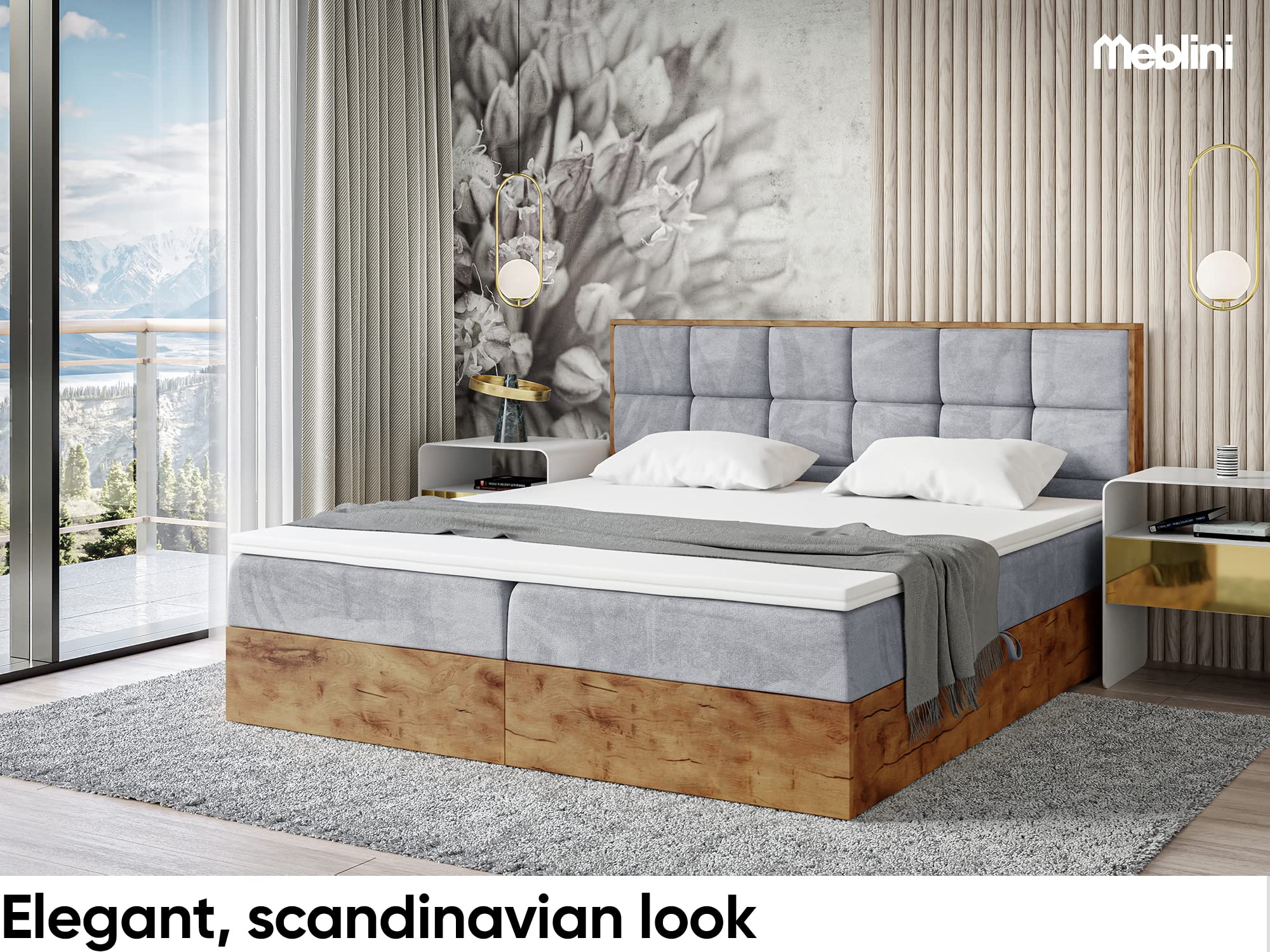 MEBLINI Boxspringbett mit Bettkasten - Gepolstert Doppelbett mit Matratze und Topper - Polsterbett mit Stauraum - Bett mit Kopfteil - Stauraumbett - Lofty 1-160x220 - H4/Hellgrau Samt