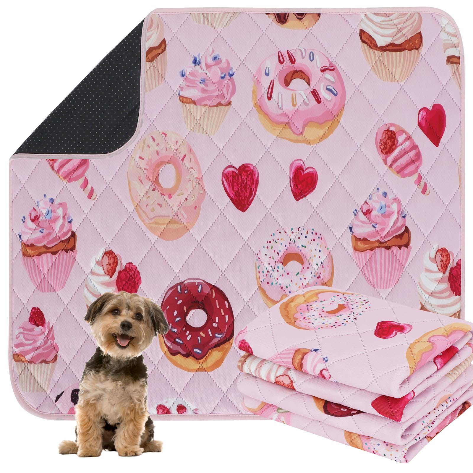 IEUUMLER Washable Pee Pads for Dogs, 2 Pack Cake Pattern Reusable Waterproof Puppy Potty Pads, Non-Slip Absorbent Pet Training Pads for Playpen Crate Bed EU015 Pink Cake, 90x60cm
