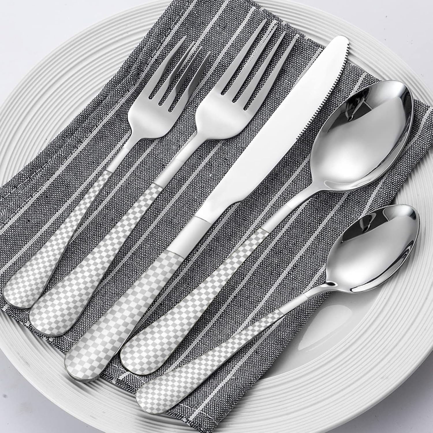 Vilihkc Plaid Print Silverware Flatware Cutlery Set, 20 Piece Stainless Steel Utensils Service for 4, Include Knife Fork Spoon, Mirror Polished, Dishwasher Safe