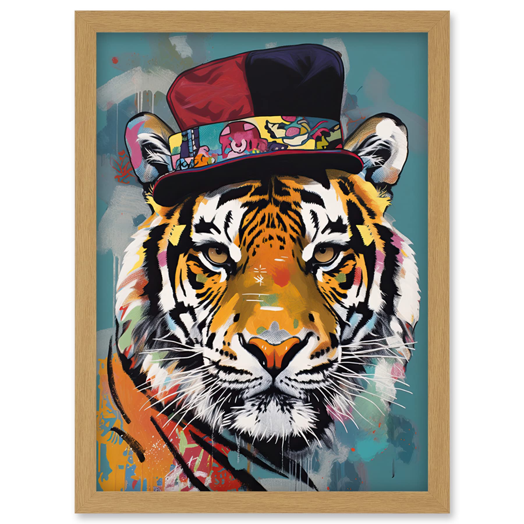 Artery8 Tiger Wearing Soft Felt Top Hat Modern Folk Art Artwork Framed Wall Art Print A4