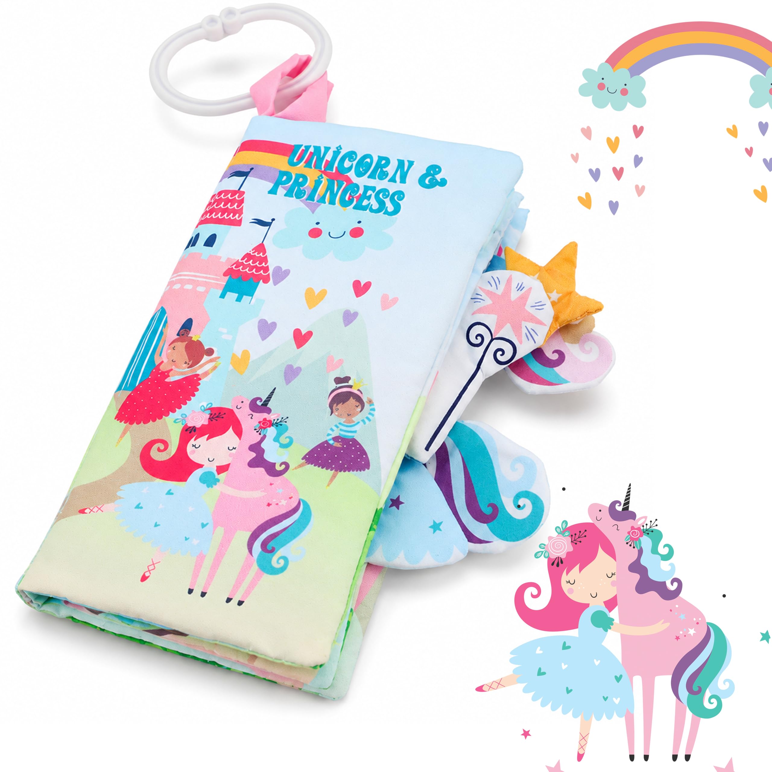 Baby Books 0-6 Months, Crinkle Cloth Books for Babies, Infant Tummy Time Toy, Touch and Feel Sensory Toys 6-12 Months, Soft Stroller Travel Toy,Baby Shower Birthday Gifts for Girls-Pink Blue Unicorn