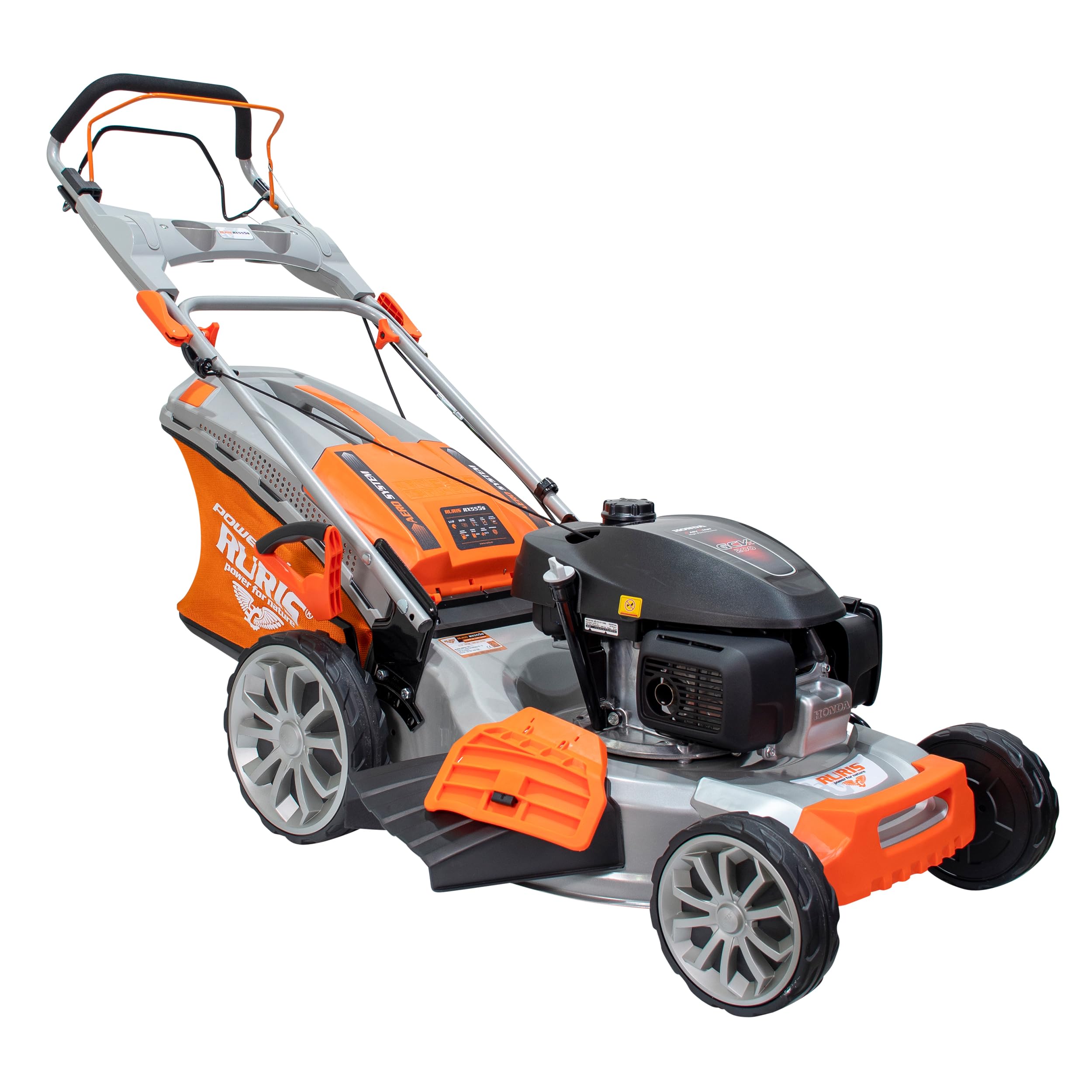 RURIS POWER FOR NATURE - Cortacésped térmico RX555s Motor Honda 5,2 CV, 202 CC, 530 mm, Bolsa 65 l, propulsa automática, 5 en 1: Recogida, eyección Trasera y Lateral, Mulching, Limpieza