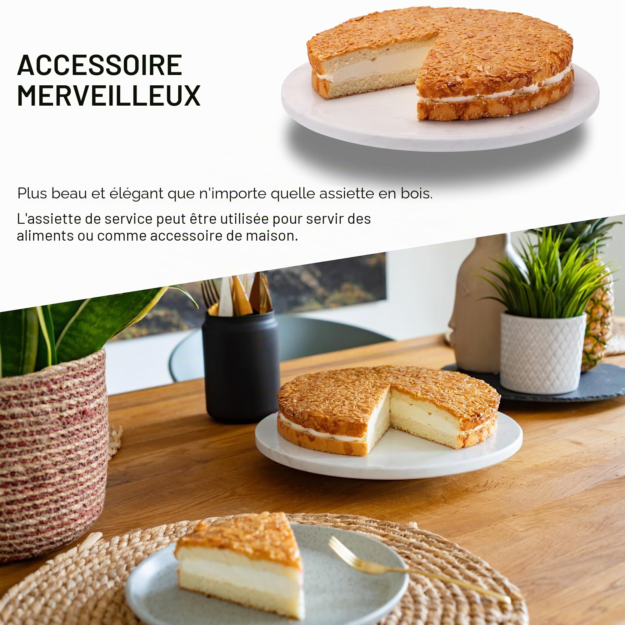 Plateau Rotatif en Marbre Rond - à Gâteau, Saucisse, Fromage - de Service Avec Pied - Blanc - Tournant - Présentoir