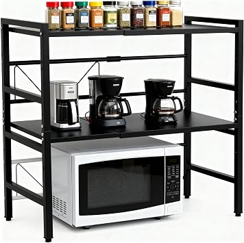 Microwave Oven Rack, Microwave Shelf Expandable Microwave Stand Countertop Kitchen Utensils, Bakers Rack, Carbon Steel Over Microwave Shelf Countertop with 6 HooksBlack, 3 Tier