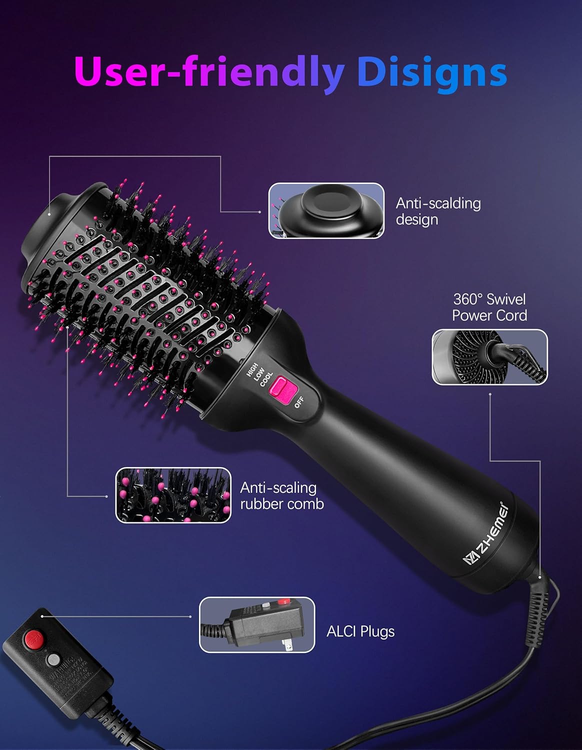 1300W Hair Dryer Brush,4 in 1 Blow Dryer Brush Anti-frizz Ceramic Titanium Barrel with ALCI Safety Plug Professional Salon Hot Air Brush for All Hair Types