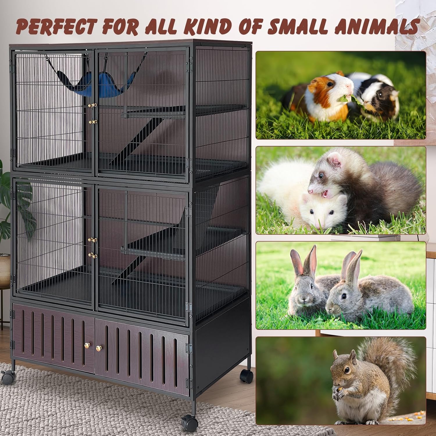 GarveeHome Large Ferret Cage with Locker, 59" H Rolling Ferret Nation Cage for Guinea Pigs, Rabbits, Chinchillas, Includes Ferret Cage Liner Hammock, Removable Ramps, Trays-Red