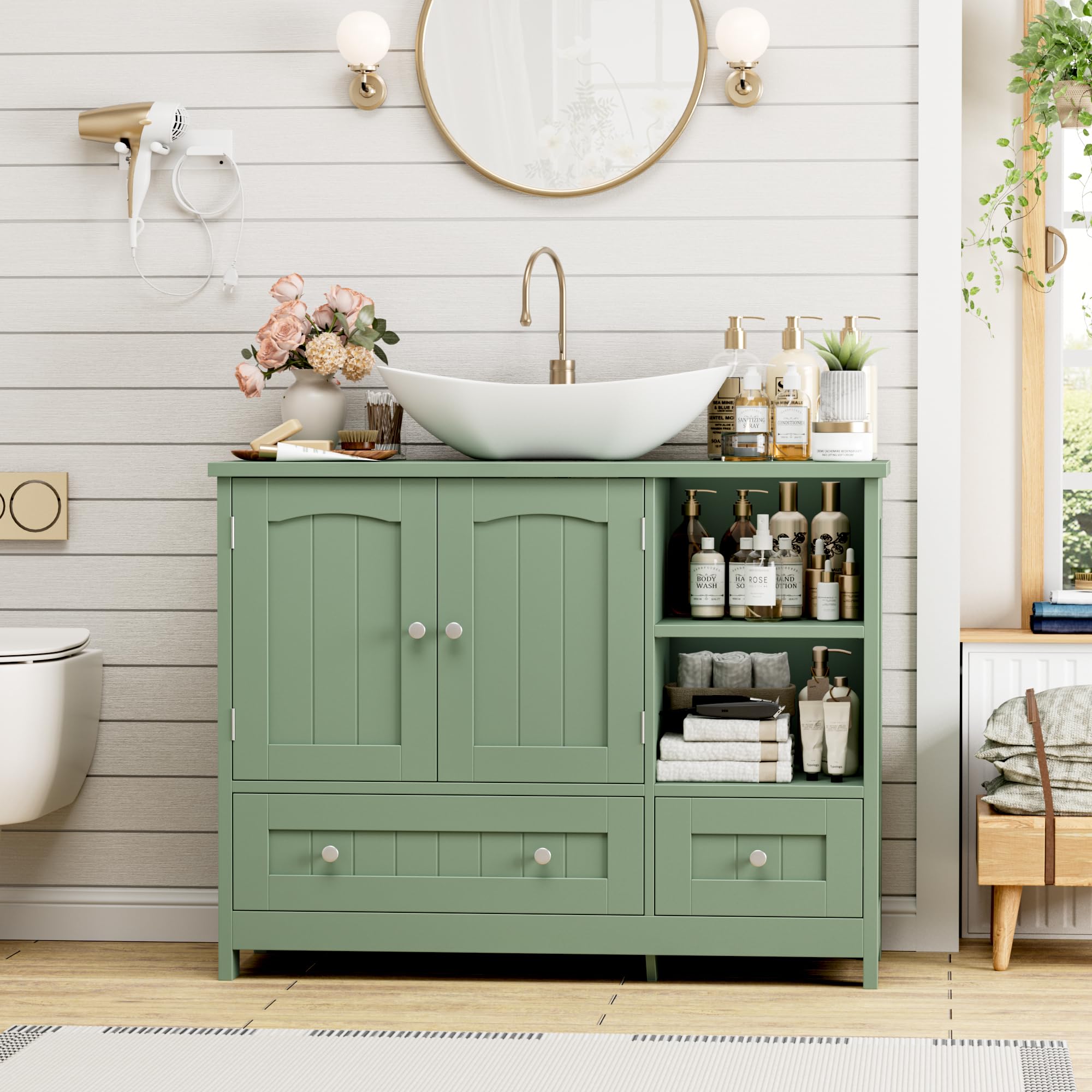 FOREHILL 80cm Mueble Bajo Lavabo, Mueble Baño, Mueble Lavabo con Pie | con 2 Puertas, 2 Cajones, Verde, 80x30x65cm