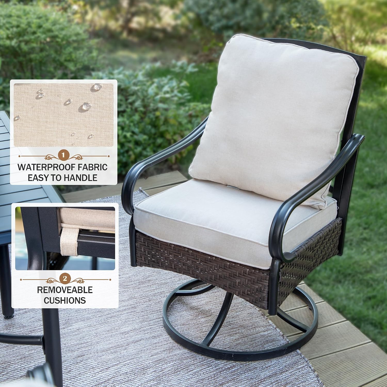 HERA'S HOUSE 7 PCS Patio Dining Set, 6 x Swivel Dining Chairs with Removable Cushions, 1 x 67 Rectangular Metal Table with 1.57" Umbrella Hole, Patio Furniture Set for Lawn Garden Porch Deck