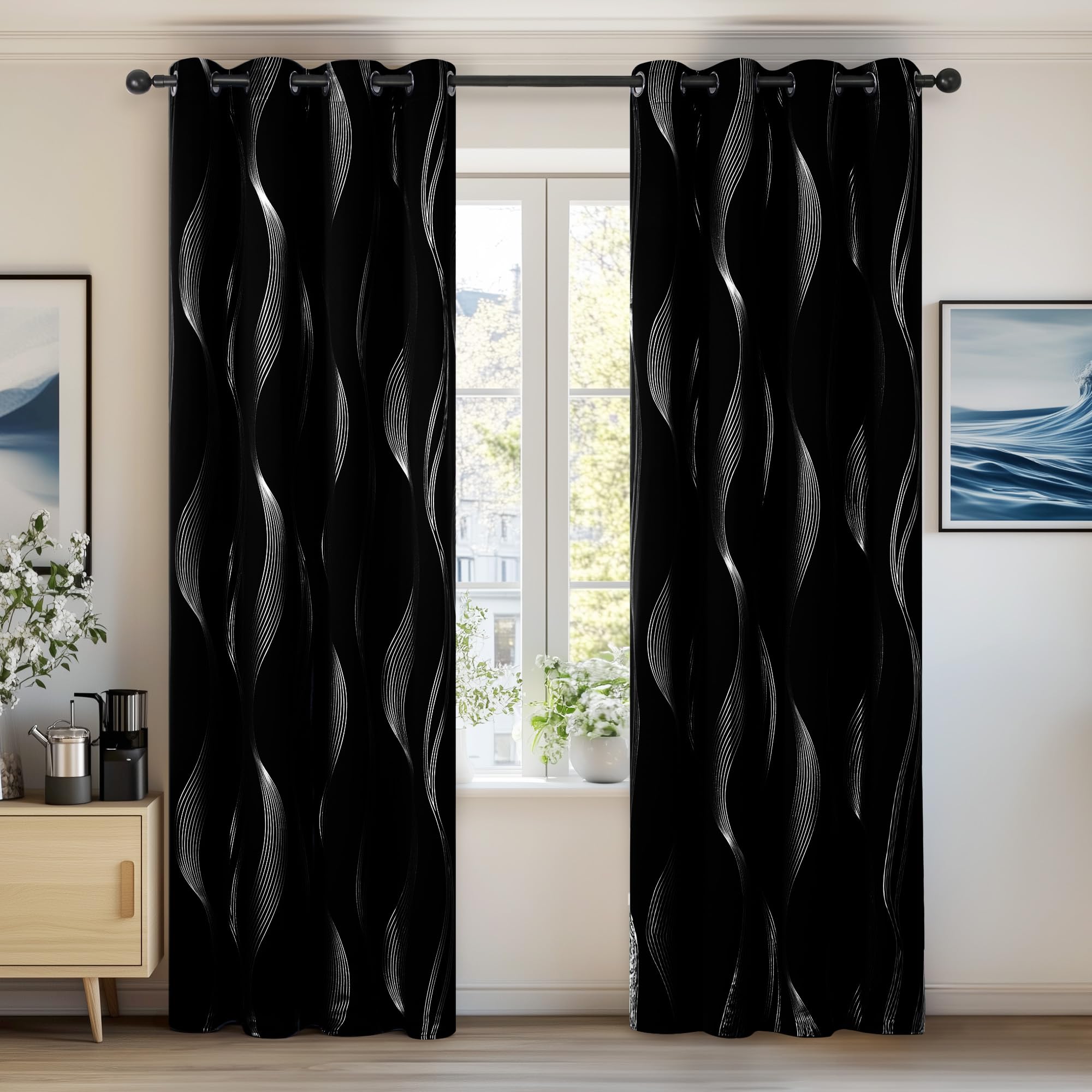 Deconovo Black Curtains Blackout 46 x 54 Drop Wave Line Foil Printed Thermal Insulated Super Soft Window Treatment Eyelet Curtains for Bedroom 46 x 54 Inch Black Two Panels