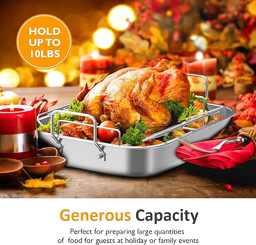 Miniatura 4 de Sunvivi Sartén para asar de 15.6 pulgadas con estante en forma de V, sartén rectangular para lasaña con asa, asador antiadherente de acero