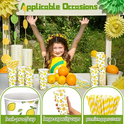 Miniatura 3 de Tessco 150 piezas50 juegos de vasos de limonada con tapas y pajitas de papel, taza de papel desechable de 12 onzas para café helado, tazas de papel