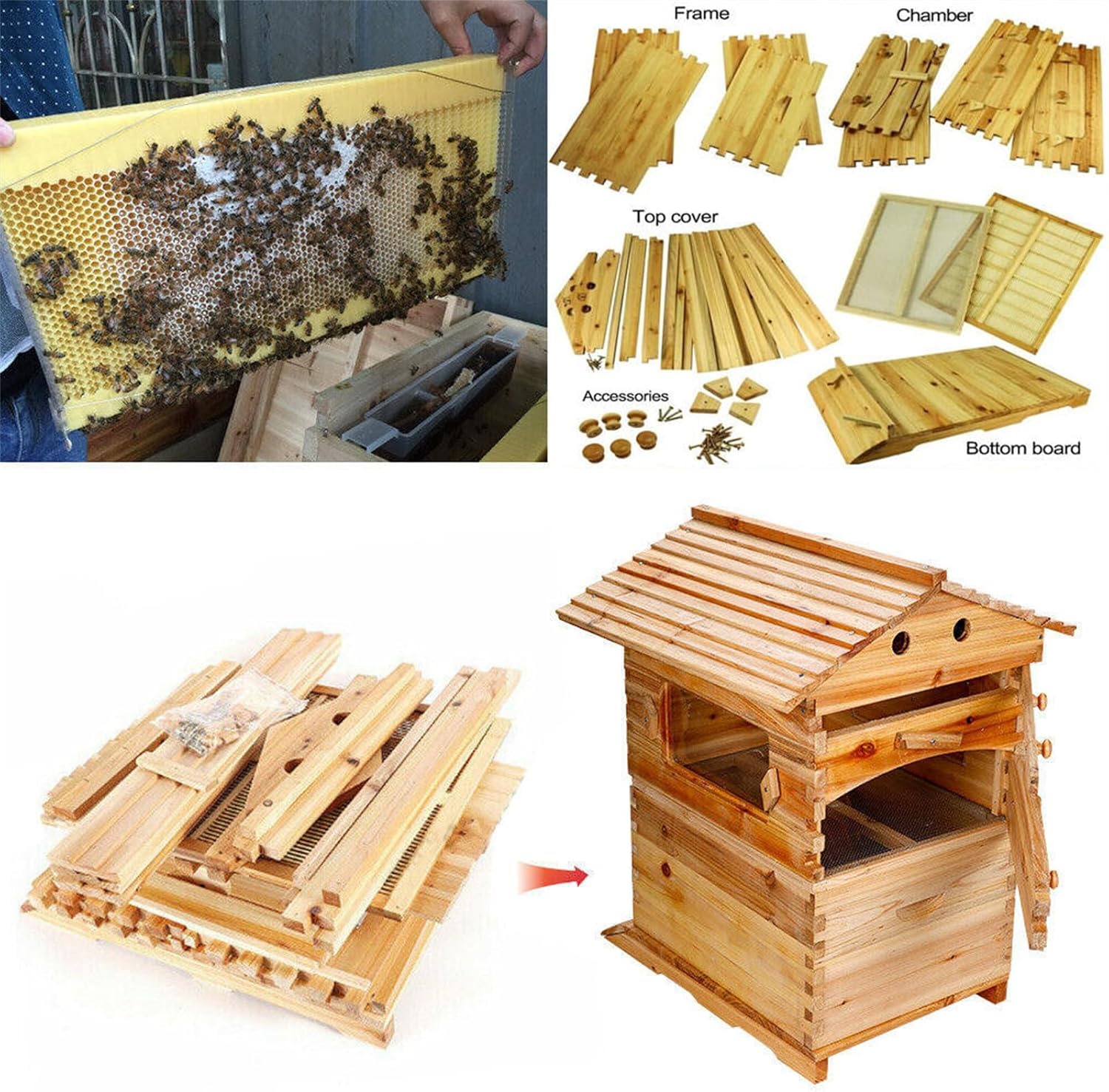 Beehive Kit with Observation Window, Automatic Self-Flowing Honey Bee Hive, Wooden Beekeeping Box for Beginners & Beekeepers - Perfect Beekeeping Equipment