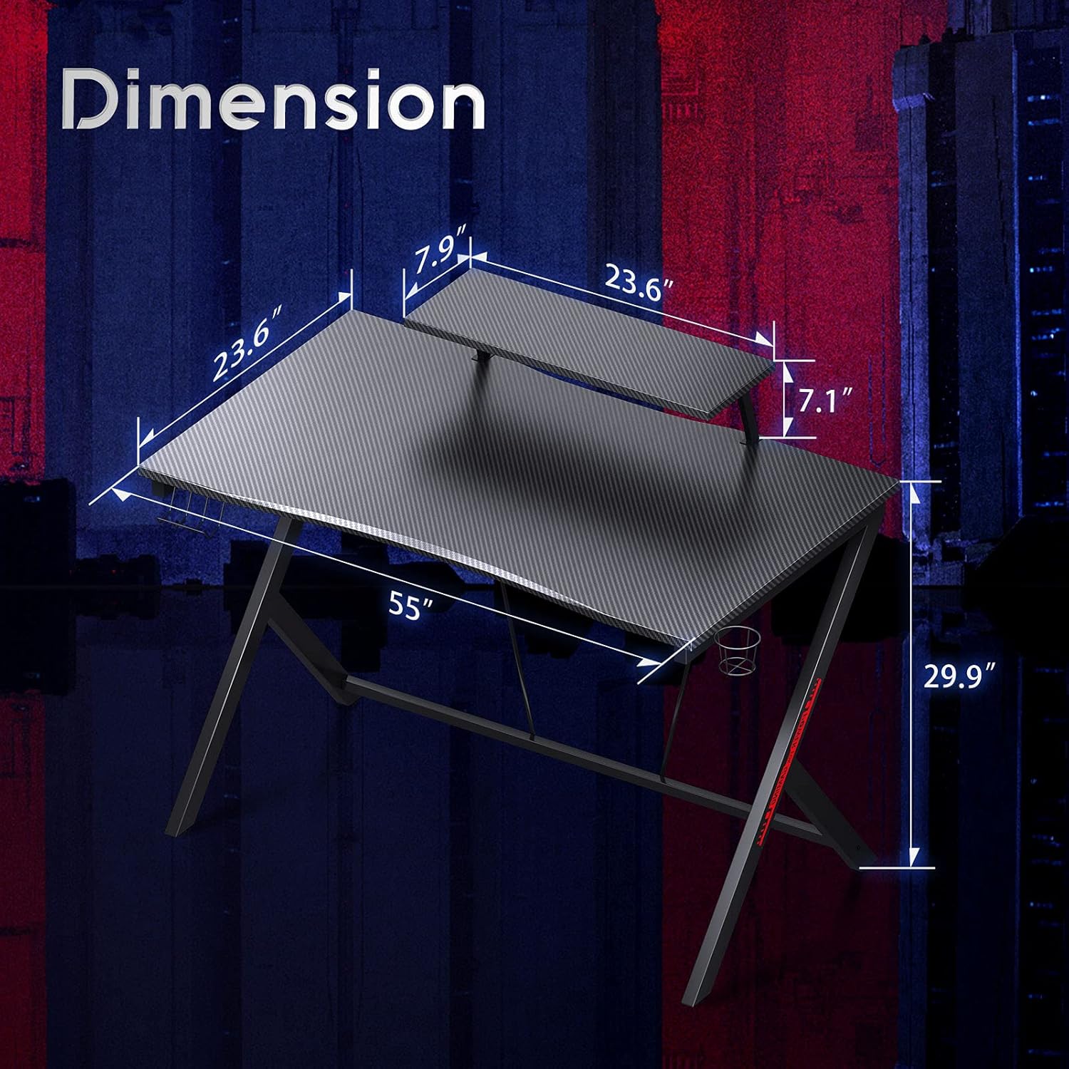 Close-up image showing the cup holder, headphone hook, monitor stand, and adjustable feet features of the desk.