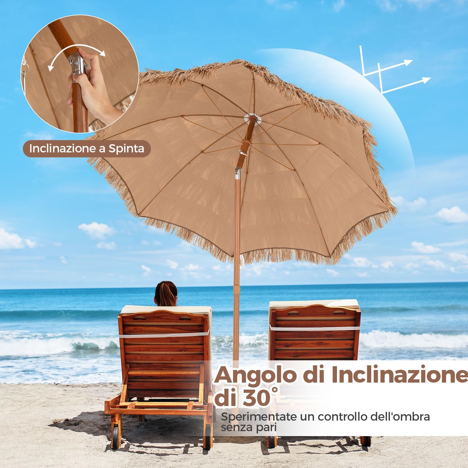 RELAX4LIFE Ombrellone da Spiaggia 200 cm con Base, Parasole Hawaiano in Paglia, Palo Reclinabile, Borsa per il Trasporto, Ideale per Spiaggio, Giardino e Balcone (Naturale)