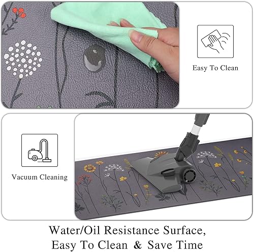 Miniatura 5 de Rempry Juego de 2 alfombras y tapetes de cocina, tapetes de cocina con flores coloridas para piso, antideslizantes acolchados anti-fatiga para