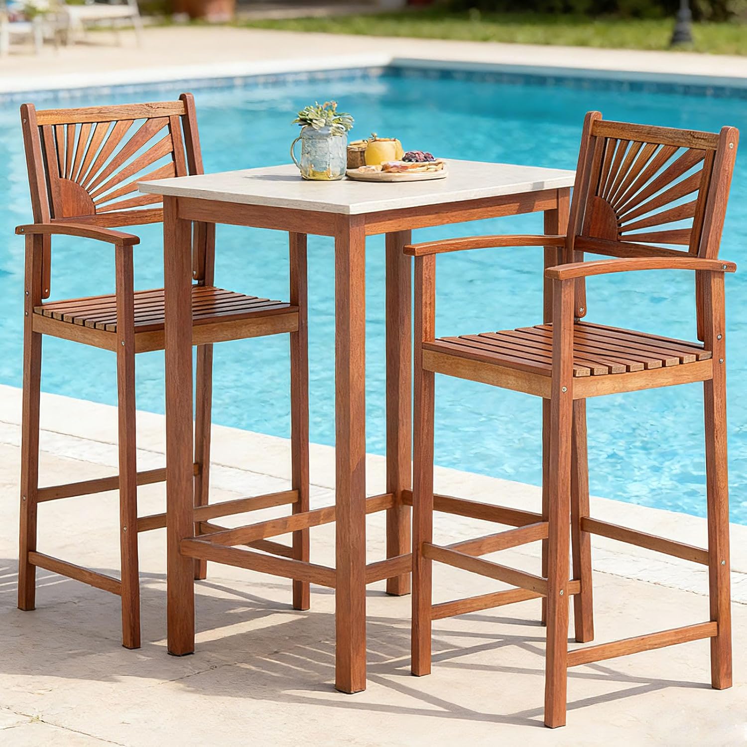 COSTWAY Outdoor Bar Chairs Set of 4, 29'' Tall Acacia Wood Barstools with Back Support, Armrest and Footrest, Patio High Top Chairs for Backyard, Poolside, Deck, Garden