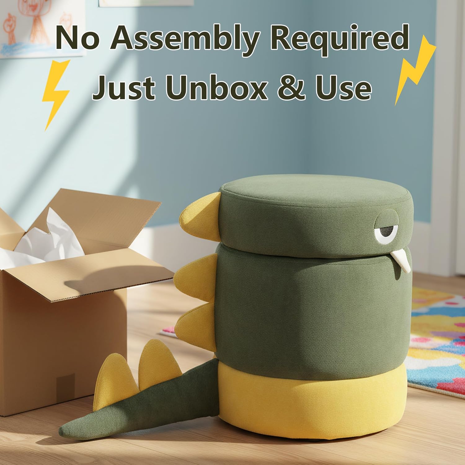 Dinosaur Toddler Chair Comfy Chenille Kids Reading Chairs, Wooden Children Stool, No Assembly Kid Desk Chair, Cute Storage Ottoman for Kids Bedroom Furniture/Playroom/Boys Girls Gifts, Green