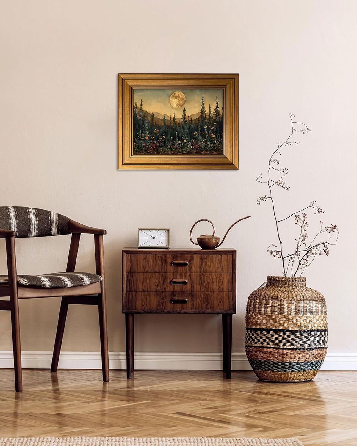 Gold Framed Vintage Wall Art for Room Decor Moon Forest Wall Dark Woodland Wildflower Canvas Prints Painting for Living Kitchen Bathroom Bedroom Desktop Artwork 12x16 Inch