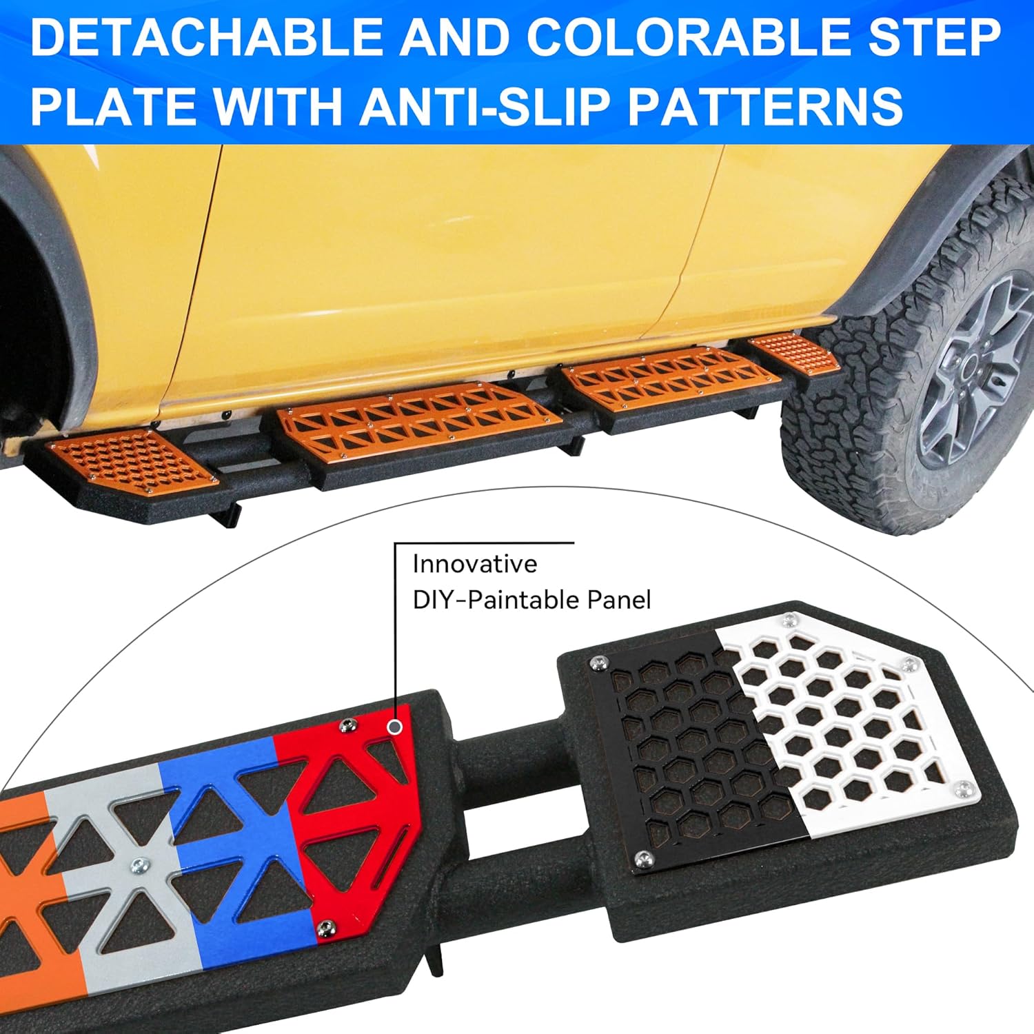 Running Boards Fit for Ford Bronco 4-Door 2021-2025 2026 (Excluding Bronco Sport), 7 Inch Non-Slip Rock Rail Side Steps Bars DIY Painting Orange Panel Stainless Carbon Steel Nerf Bars