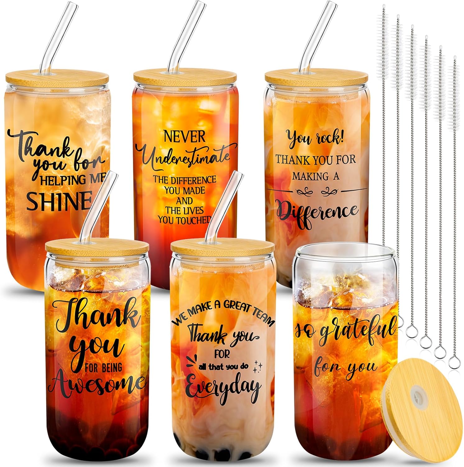 6 Set Employee Appreciation Gifts Glass Cups Bulk Thank You Gifts for Team Coworkers Staff Teachers and Nurses 16 oz Can Shaped Glass Cups with Bamboo Lids and Straws(Elegant Style)