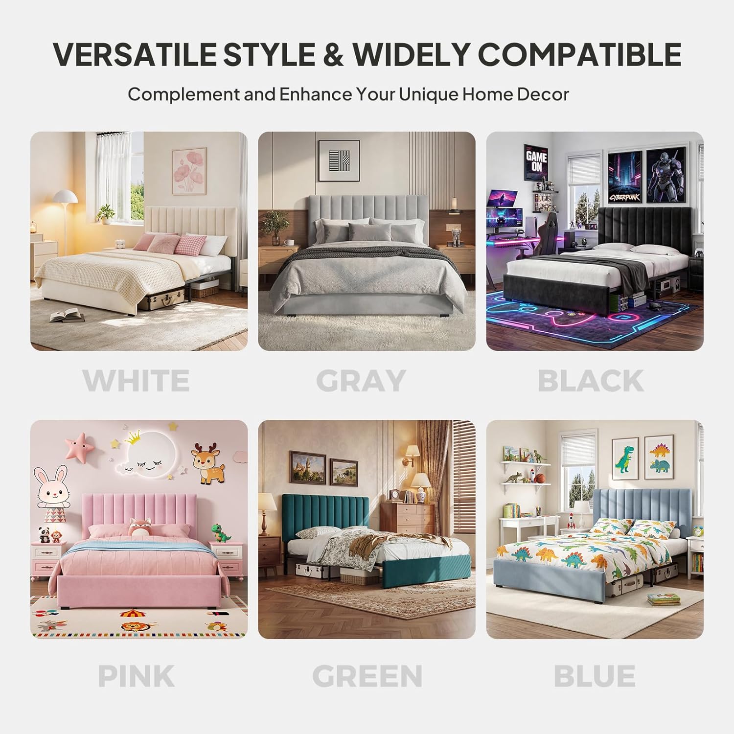 Welzona Queen Upholstered Bed Frame with Headboard, Velvet Upholstered Metal Platform Bed with Vertical Channel Tufted Headboard, 3-Level Height, Metal Slat Support, Noise-Free Easy Assembly, White