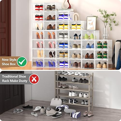 Miniatura 8 de Paquete de 9 organizadores de zapatos transparentes apilables de plástico duro grande y grueso para armario, caja de almacenamiento de zapatos de