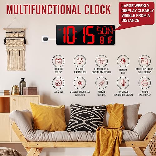 Miniatura 2 de TXL Reloj de pared digital LED grande con Bluetooth de 17.2 pulgadas, pantalla grande de fecha y temperatura, temporizador de cuenta arribaabajo con