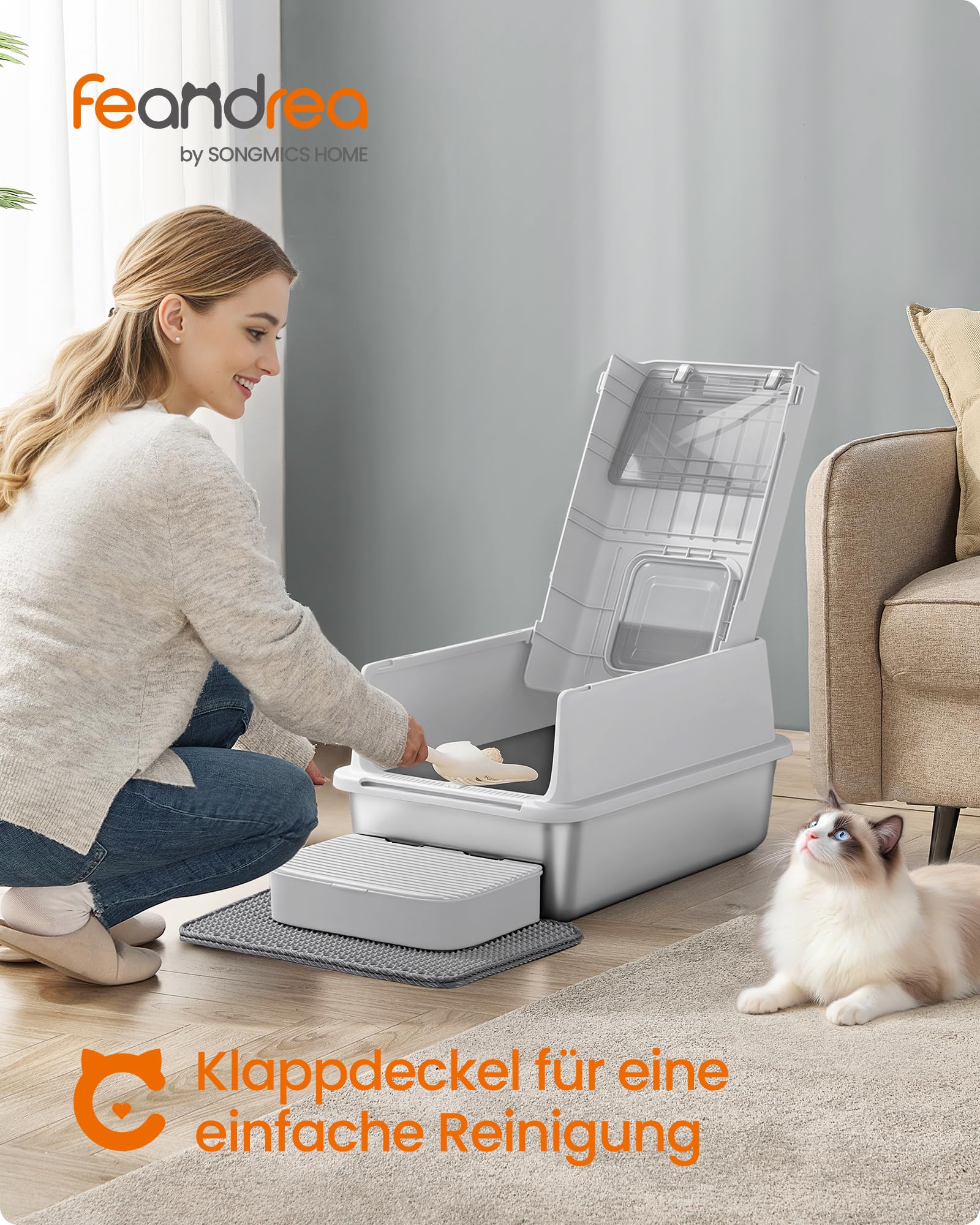 Feandrea Katzenklo Edelstahl, Katzentoilette mit Deckel, mit Schaufel, Katzenstreumatte und 2 Eingängen, für Katzen bis 15 kg, hellgrau PPT007GD01