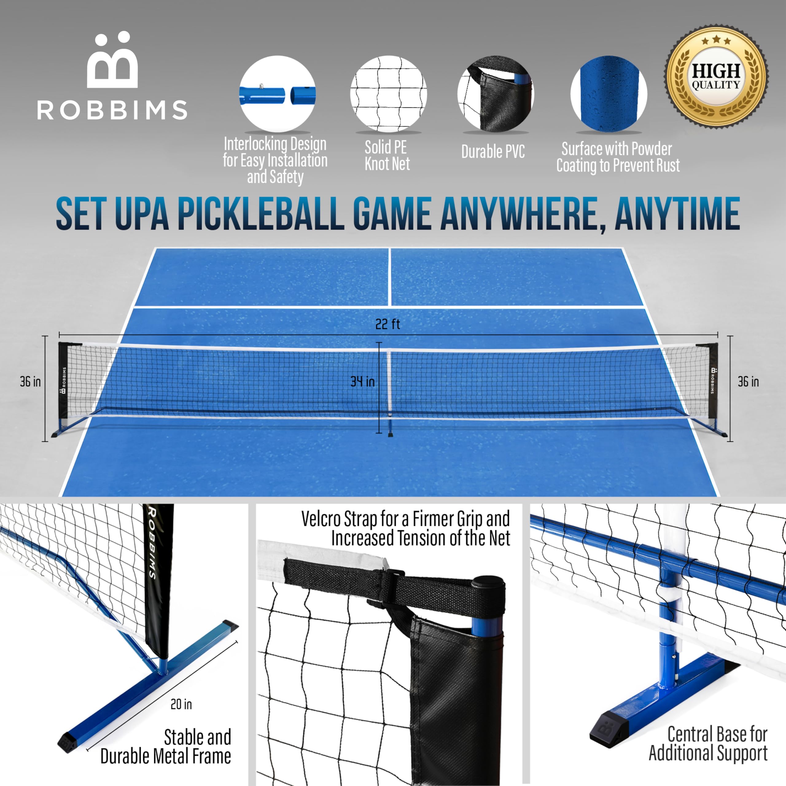 Set da pickleball portatile con rete | 4 pagaie in fibra di carbonio approvate USAPA, borsone, sistema di rete per pickleball, dimensioni regolamentari, manuale di montaggio, 8 palline da