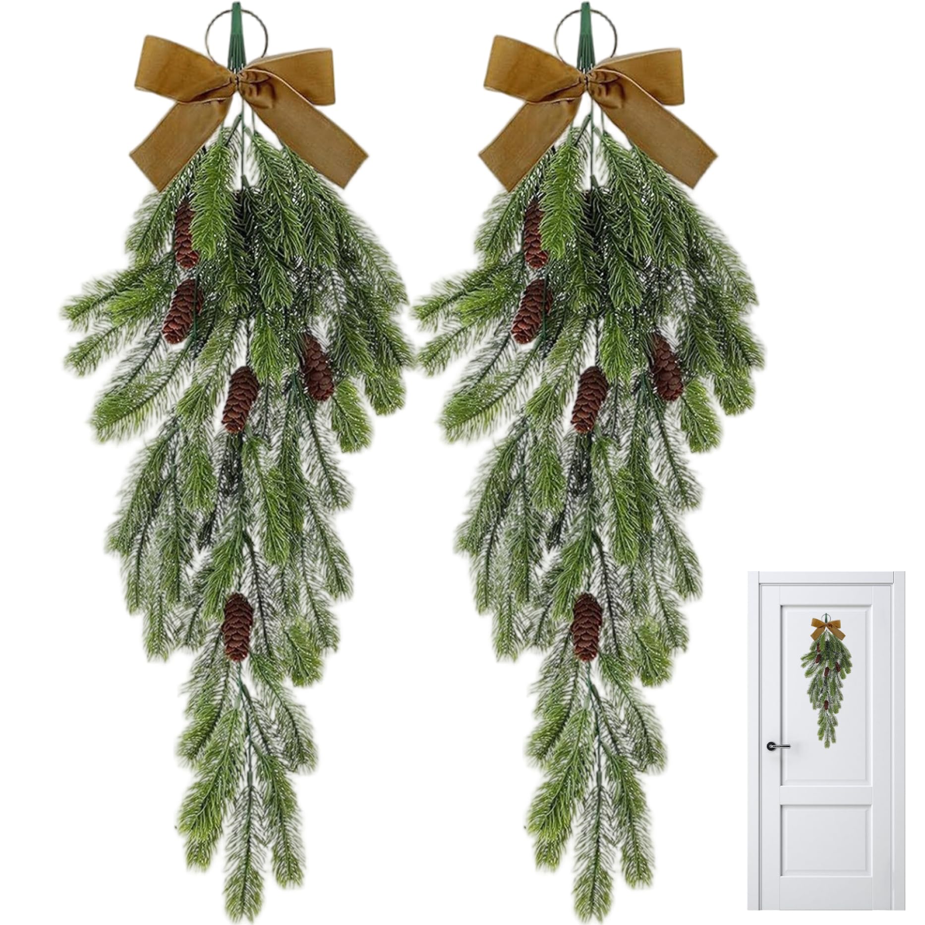 CAKEEYUM 2PCS Christmas Swag 27 Inch Teardrop Greenery Swag with Pinecones & Velvet Bow Hanging Christmas Door Wreath for Winter Wall Window Home Decor Brown