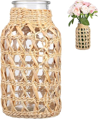 Cabilock Jarrón de ratán tejido para flores, contenedor decorativo para arreglos florales, jarrón floral de vidrio de caña de estilo bohemio,