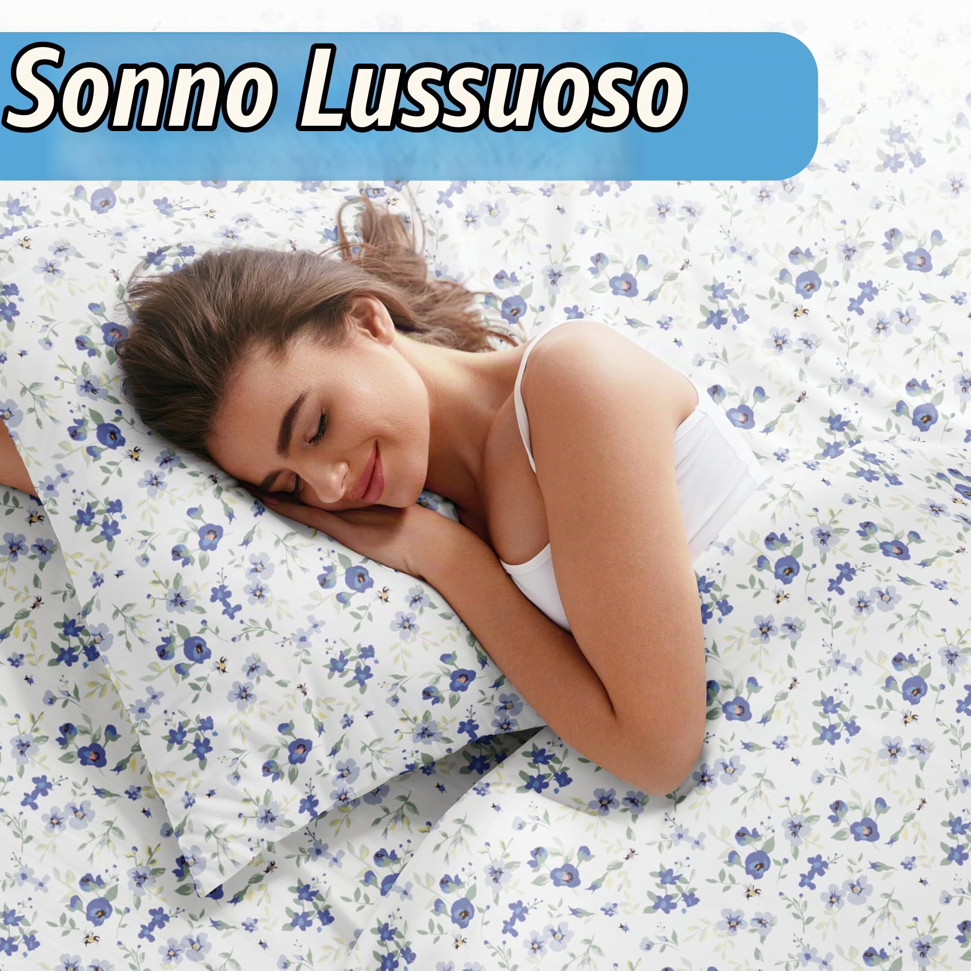 Linen Market LM Pattern 4PC Set di Lenzuola, Microfibra, Fiori Azzurro, Queen