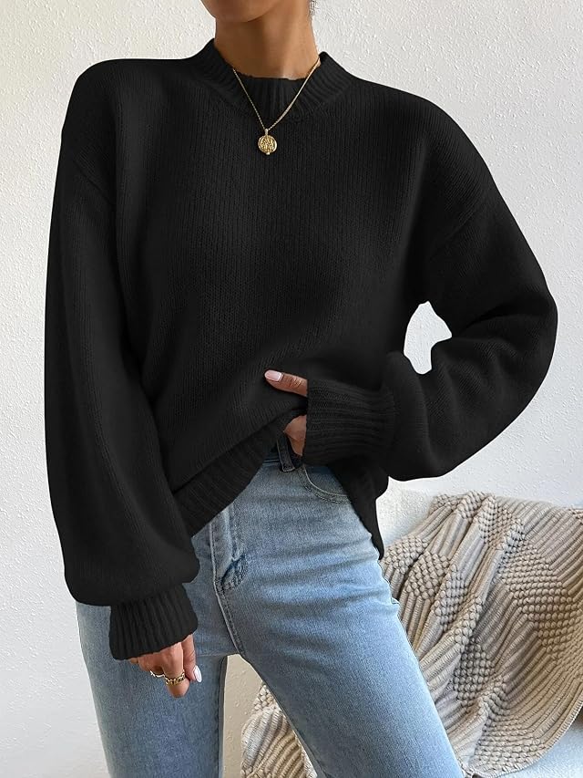 High Neck Sweater for Women Soft Knit Pullover Long Sleeves French Ribbed Casual Knit Top for Fall and