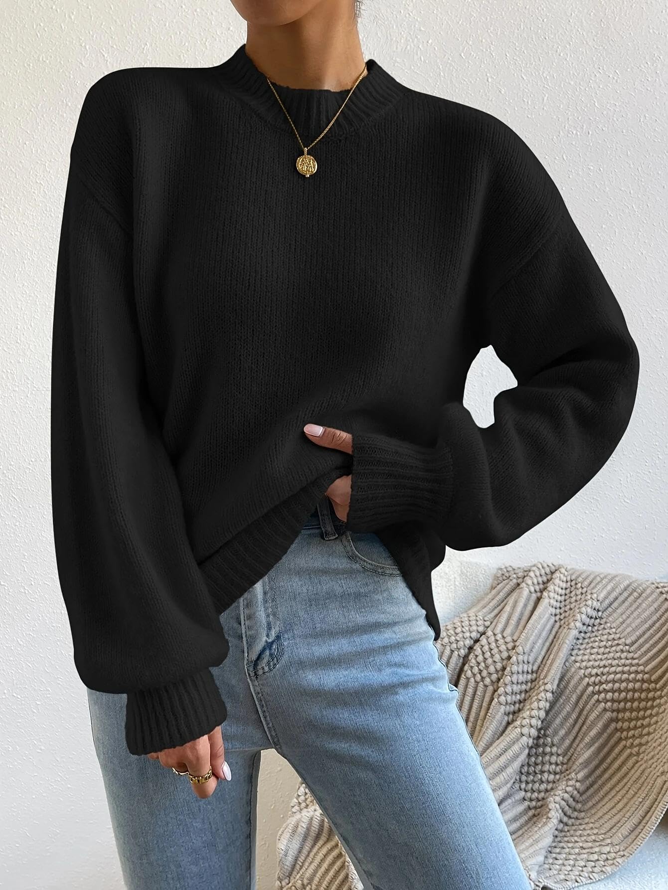 High Neck Sweater for Women Soft Knit Pullover Long Sleeves French Ribbed Casual Knit Top for Fall and