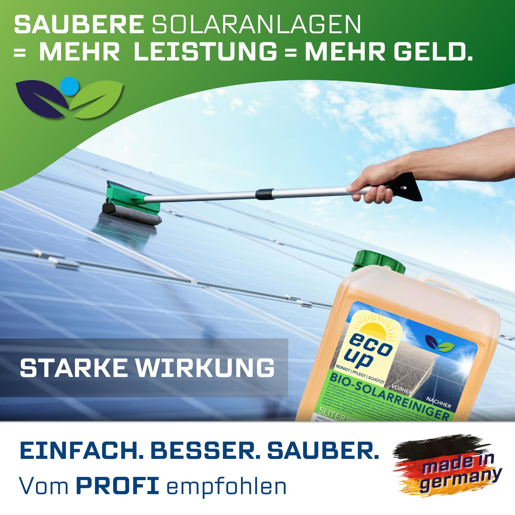 Bio-Solarreiniger, 5 Liter, Konzentrat 1:40 verdünnbar, Photovoltaik, Balkonkraftwerk, Solarmodul Reiniger, biologisch abbaubar, materialschonend, ergiebig, langlebig, inkl. Auslaufhahn