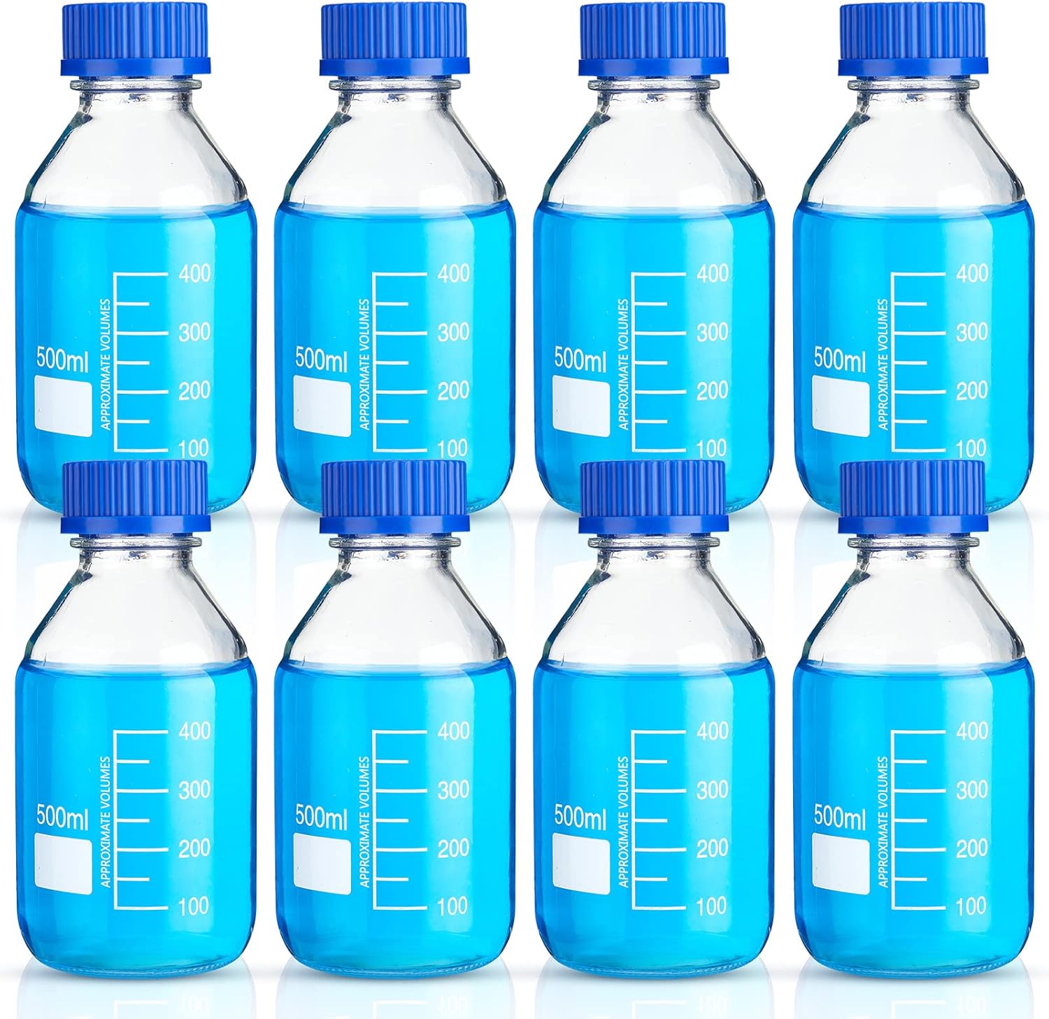 Irenare 500ml Borosilicate Glass Media Storage Bottles with Blue GL45 Screw Caps - 8 Pack Lab Reagent Bottles