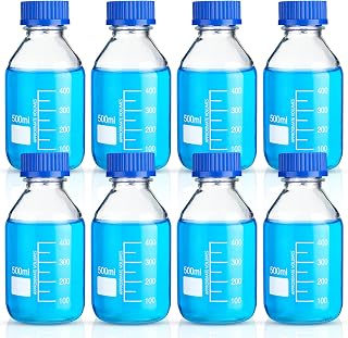 Irenare 500ml Borosilicate Glass Media Storage Bottles with Blue GL45 Screw Caps - 8 Pack Lab Reagent Bottles