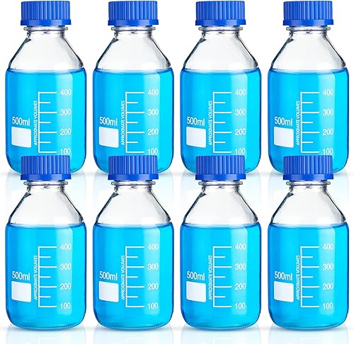 Irenare Botellas de almacenamiento de medios, vidrio de borosilicato, botella redonda graduada científica con tapa de rosca azul Gl45 para líquidos