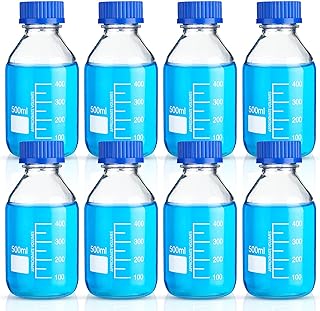 Irenare 8 Pieces Media Storage Bottles Borosilicate Storage Glass Bottle Scientific Round Graduated Media Bottle with Blue GL45 Screw Cap for Lab Water Reagent Liquids (500 ml)