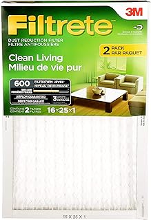 Filtrete 16x25x1 Furnace Filter, MPR 600, MERV 7, Clean Living Dust Reduction 3-Month Pleated 1-Inch Air Filters, 2 Filters