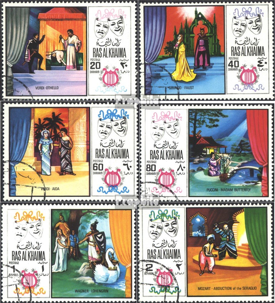Prophila Collection – Timbres Ras Al Khaima 281A-286A, 1969, Scènes D'opéras, Oblitérés, Musique/danse