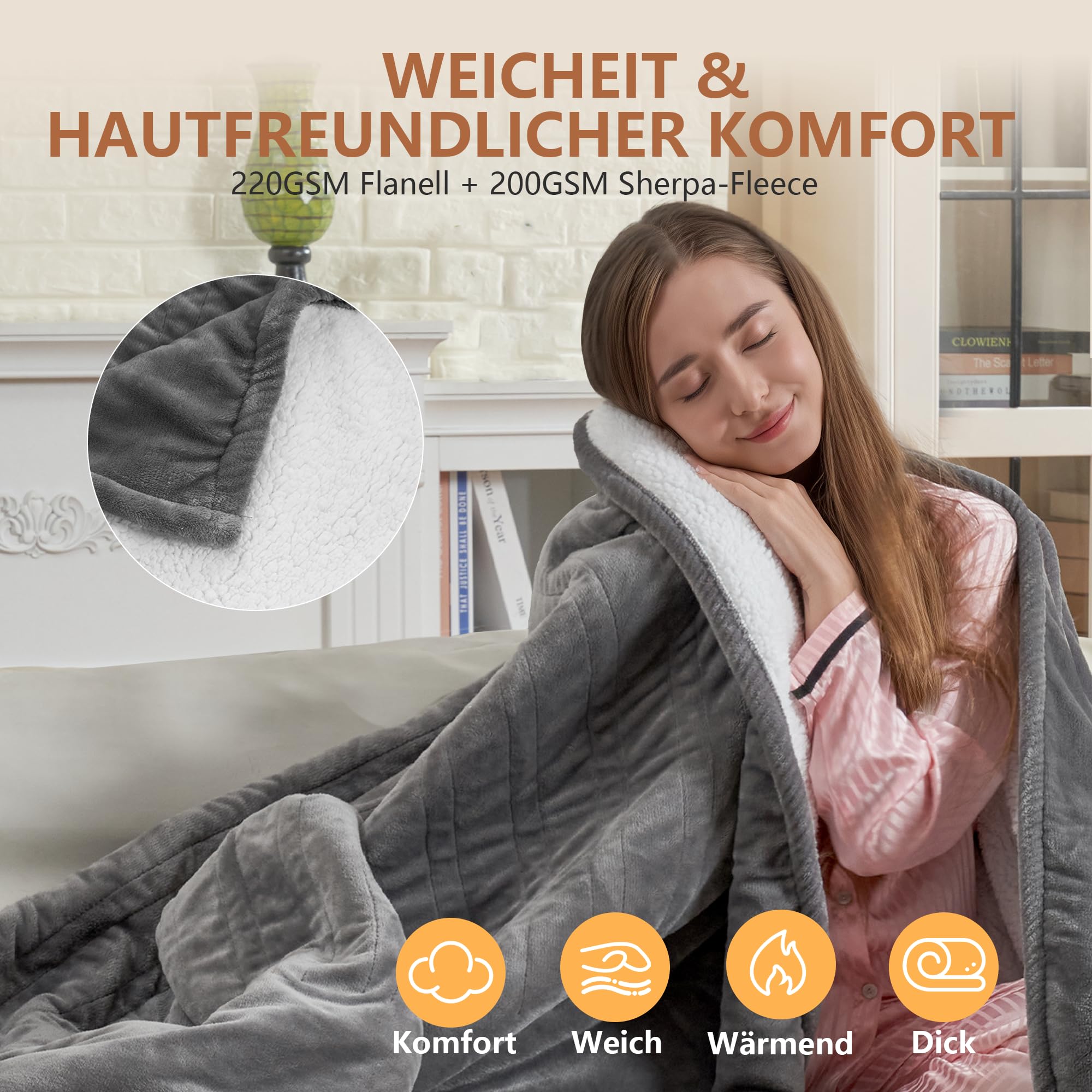 JUMMICO Kuschel-Heizdecke (2025) 180x130 cm, Extra Flauschig & Wärmend - Elektrische Wärmedecke mit 6 Heizstufen & 12h Timer, Waschbar für Couch, Bett und Homeoffice
