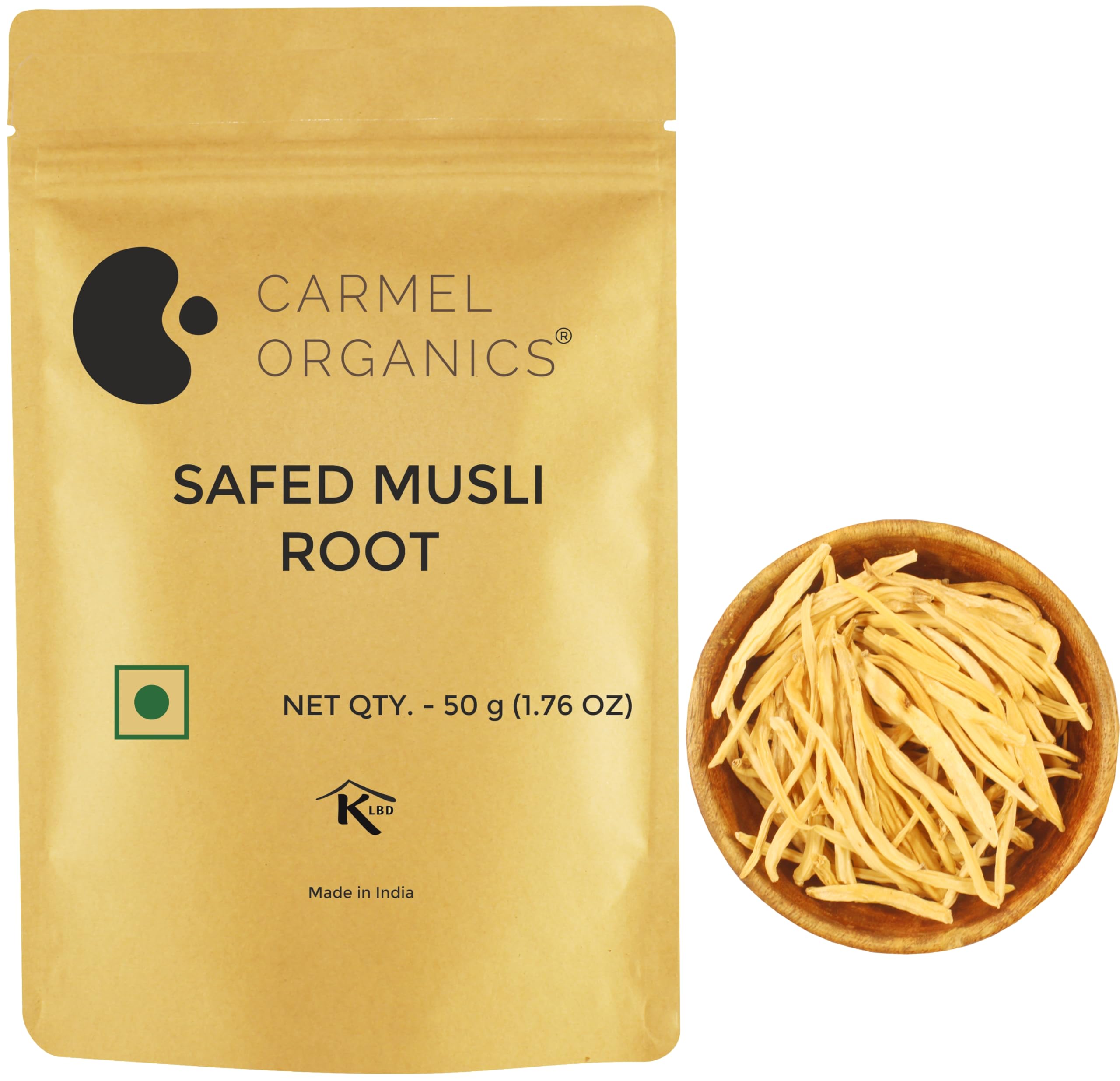 CARMEL ORGANICS Safed Musli Root 50 Grams | Natural | Non-GMO | Siva Musli Podi/Shweta Musli | Chlorophytum Borivilianum | No Added Preservatives