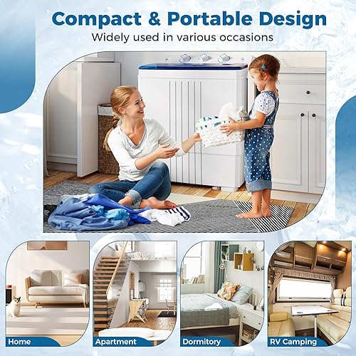 Miniatura 8 de COSTWAY Lavadora portátil, doble tina de 20 libras de capacidad, lavadora compacta de lavandería (12 libras) y giratoria (8 libras), manguera de