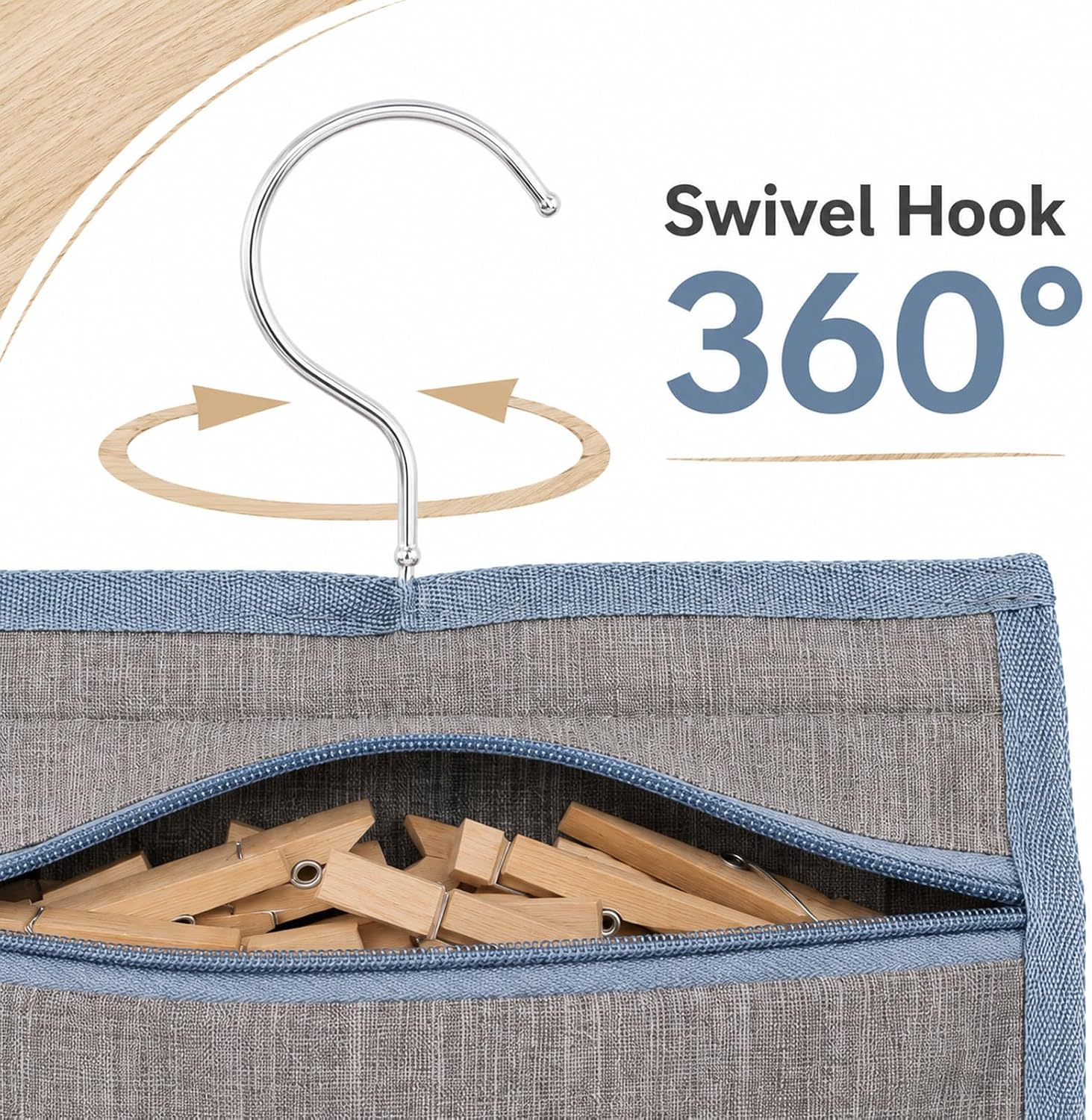 Clothespin Bag for Clothesline Outdoor Clothes Pin Bag with Zipper | Closure Large Opening, Large-Capacity Clothespin Storage Organizer with Hooks, Use YKK Zipper