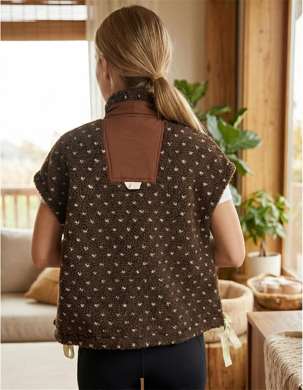 Slouchy Sherpa Vest for Women Mock Neck Cap Sleeve Polka Dot Fuzzy Fleece Vests Loose Button Down Gilet Outerwear - Image 2