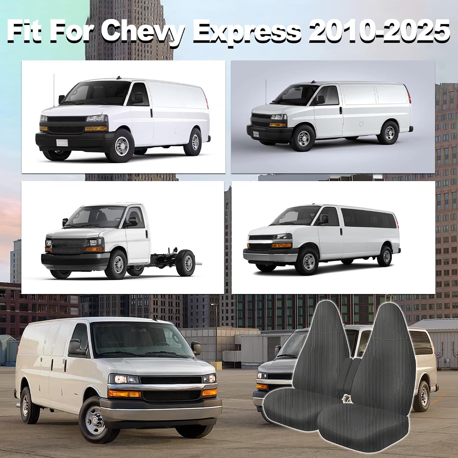 Custom 600D Heavy Duty Seat Covers for 2010-2025 Chevy Express Front Bucket Seats with Grab Handle Opening, Durable Oxford Fabric Protective Covers, Not for RV - Gray