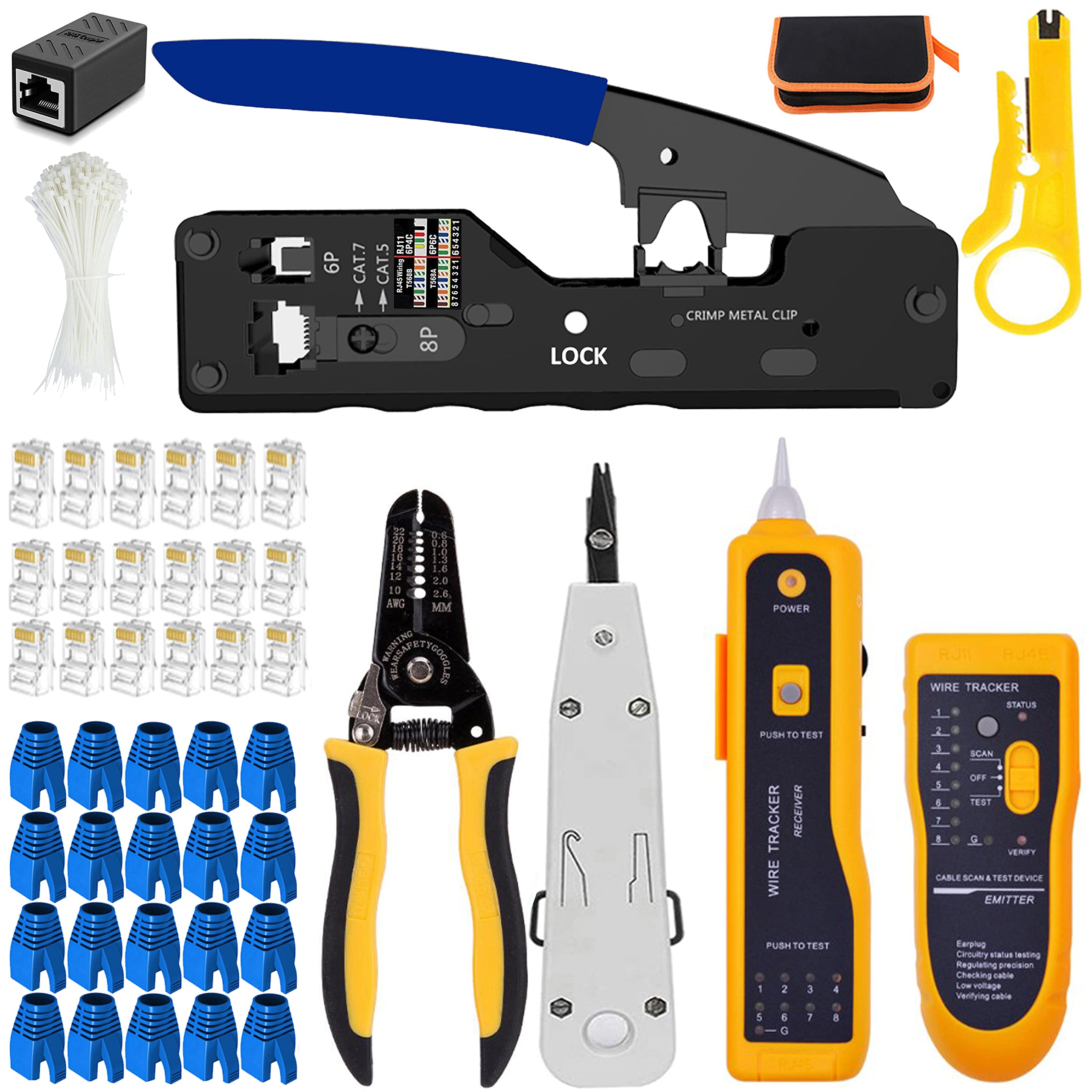 MAYLINE Pinza Crimpatrice RJ45 Set di strumenti di crimpatura di rete RJ11/RJ12/RJ45, taglierina per crimpatura passante per Cat5/Cat6, kit spellafili per con connettori 50PCS (blu)