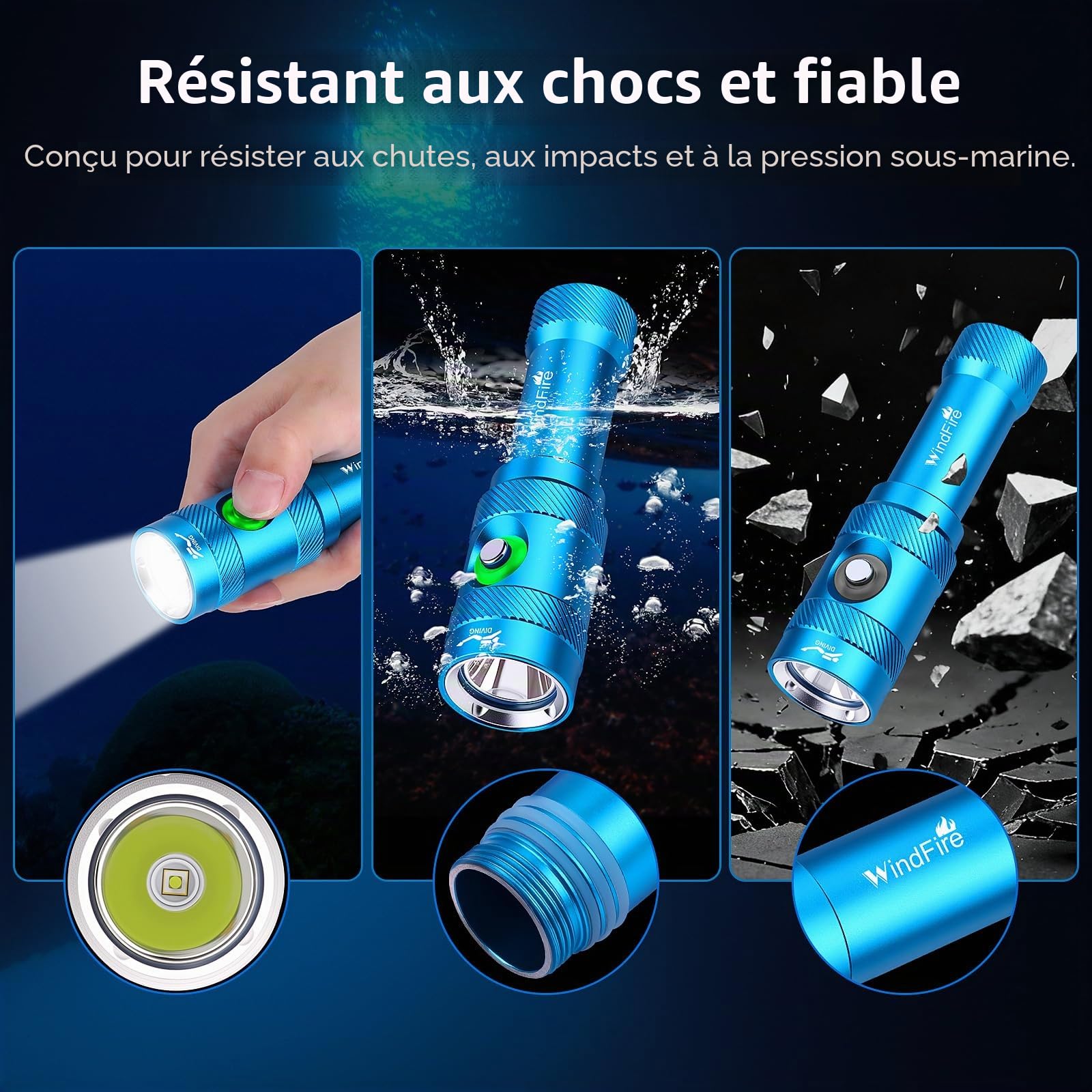 Windfire Lumière de Plongée 6000 LM Lampe de Poche Sous-Marine 3 Modes Indicateur de Puissance, Professionnelle IP68 Lampe de Poche Étanche Rechargeable