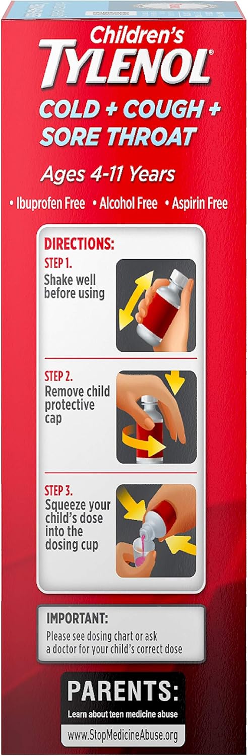 Children's Tylenol Cold, Cough, and Sore Throat Medicine, Bubblegum, 4 Fl. Oz : Health & Household